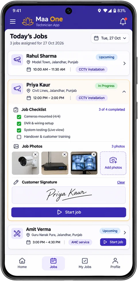 Maa One technician app: today's jobs with checklist, job photos and customer signature